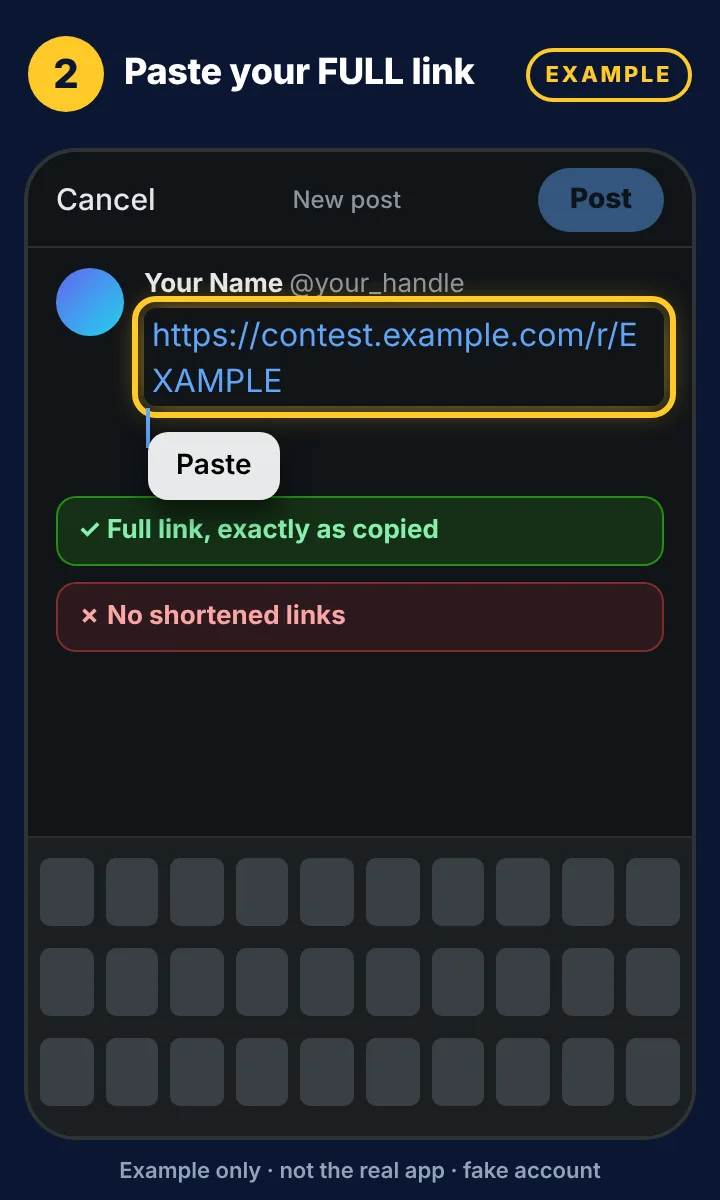 Example mockup: a full Golden Ticket example link pasted into a new post. Shortened links don't count.