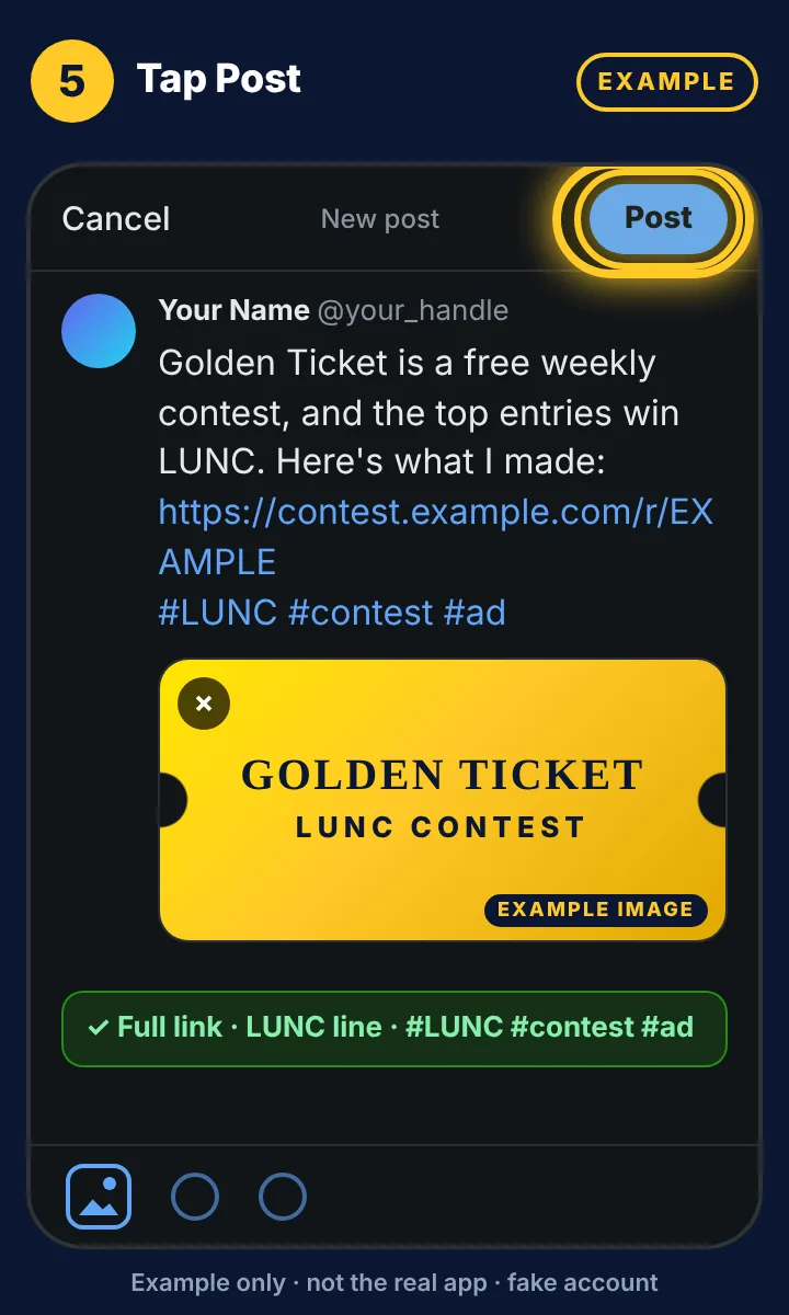 Example mockup: the Post button highlighted on a finished example post.