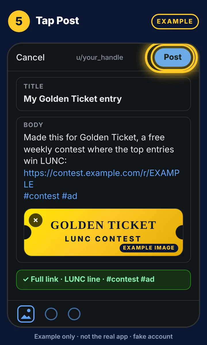 Example mockup: the Post button highlighted on a finished example post.