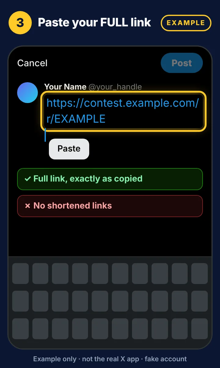 Example mockup: the X post box with a full Golden Ticket example link pasted in. Shortened links don't count.