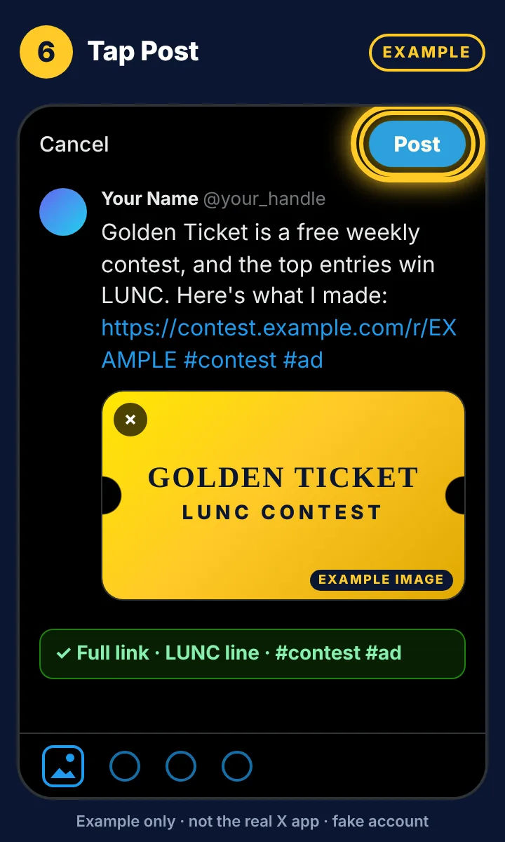 Example mockup: the Post button highlighted on a finished example post.